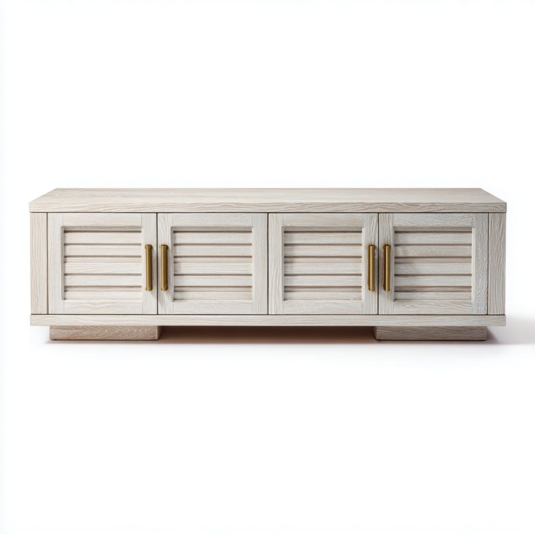 Meuble TV en bois, quatre portes persiennes, gris clair avec poignées métalliques