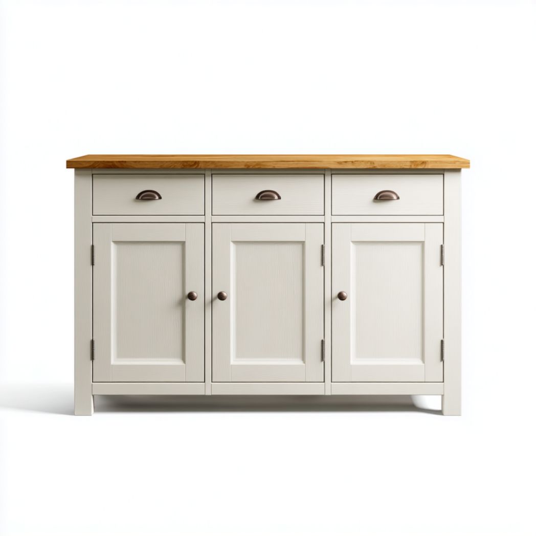 Buffet 3 tiroirs et 3 portes — structure en bois gris clair avec plateau en bois naturel et poignées métalliques