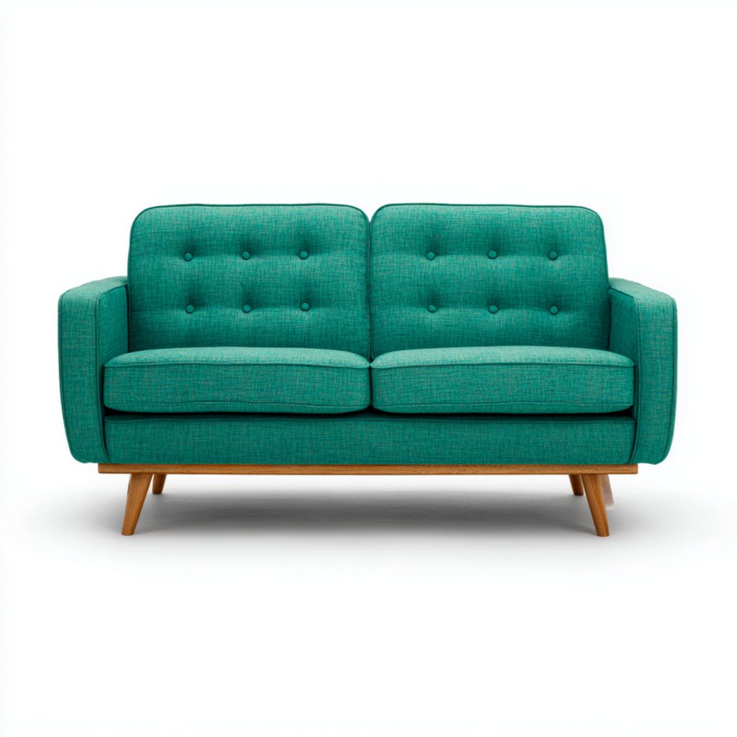 Canapé droit en tissu vert, dossier double et pieds en bois
