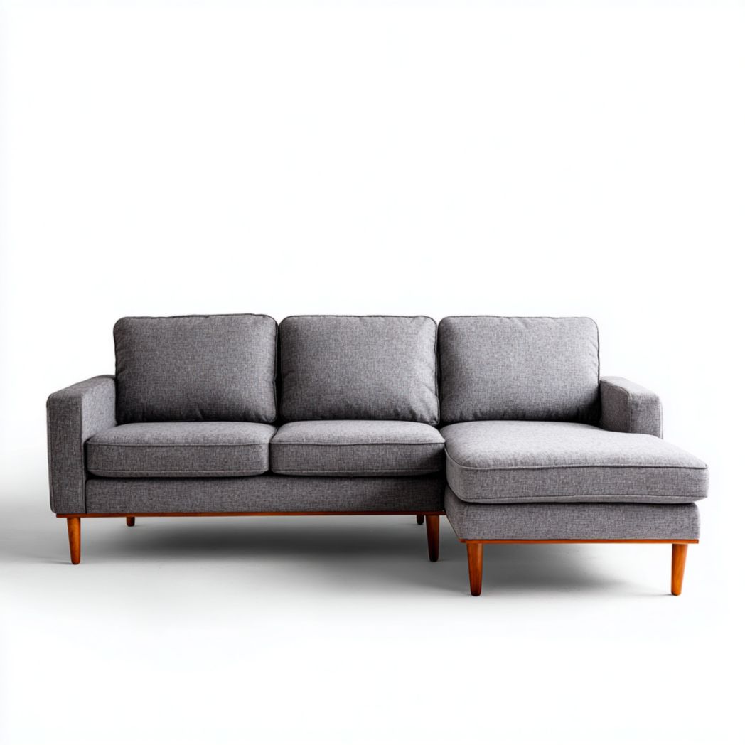 Canapé d'angle en tissu gris, forme en L, pieds en bois, sans coussins