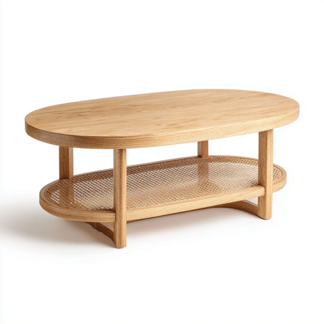 Table basse ovale en chêne clair avec plateau supérieur et étagère en rotin