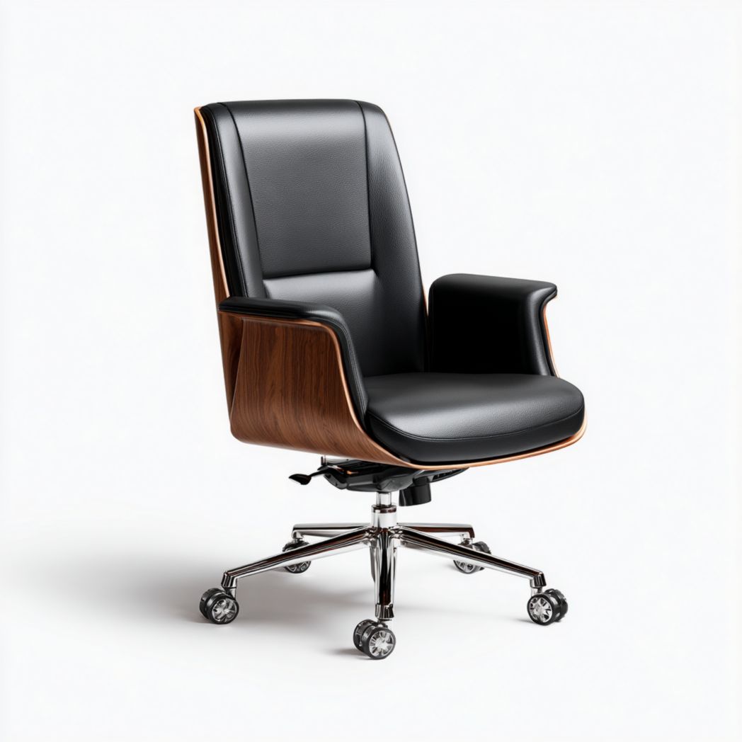 Chaise de bureau pivotante | assise et dossier en cuir synthétique noir · panneaux latéraux en bois