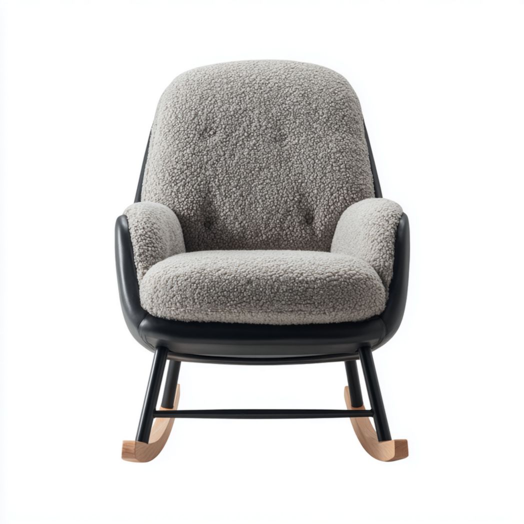 Fauteuil à bascule en tissu effet laine gris avec coque noire et base métal-bois