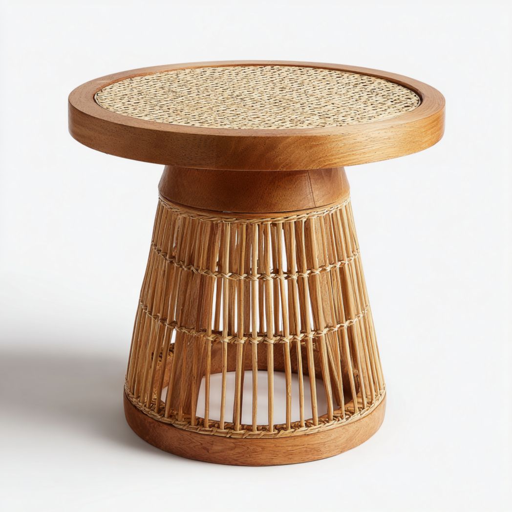 Table d’appoint ronde en bois avec tressage en rotin