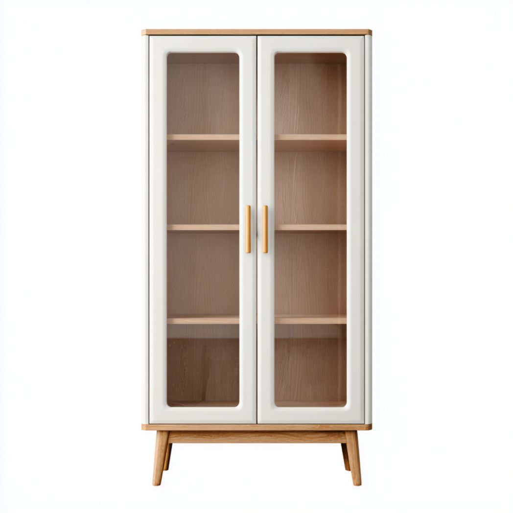 Armoire deux portes en bois｜structure blanche avec portes vitrées et poignées en bois