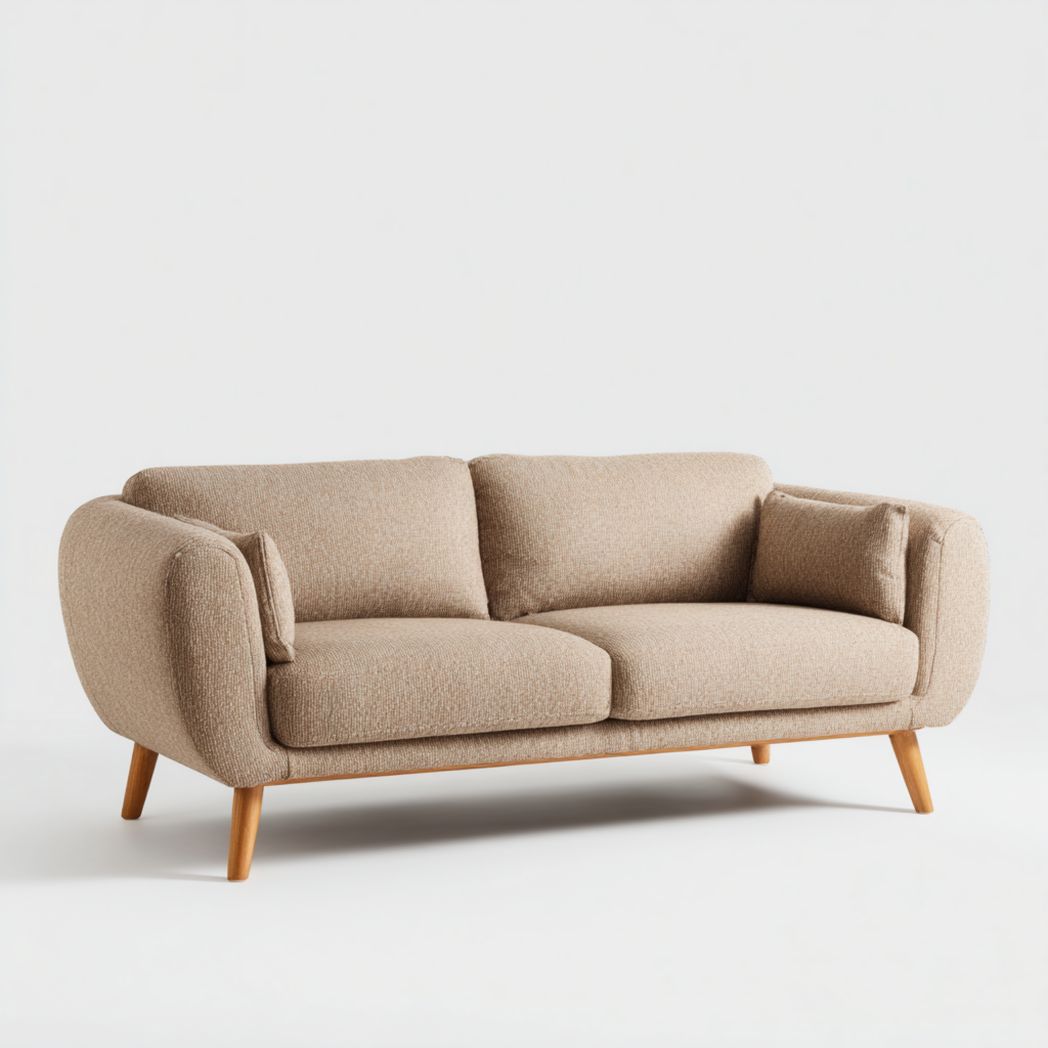 Canapé droit deux places en tissu beige, accoudoirs arrondis, pieds en bois, avec deux coussins