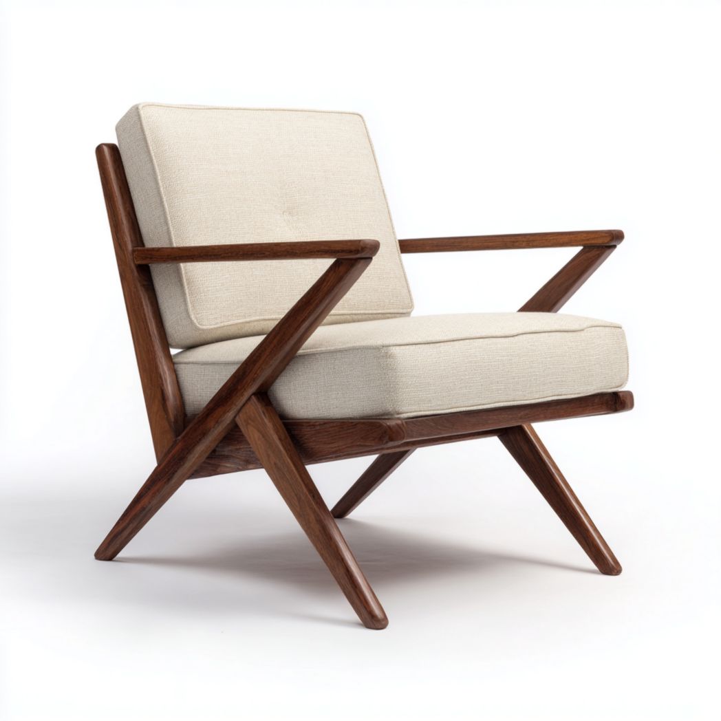 Fauteuil en tissu blanc cassé avec coussins d'assise carrés et structure en bois foncé en forme de croix.