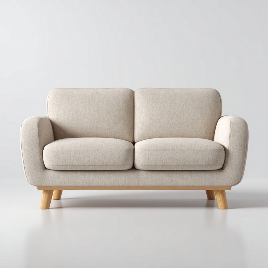 Canapé droit deux places en tissu beige, pieds en bois, sans coussin