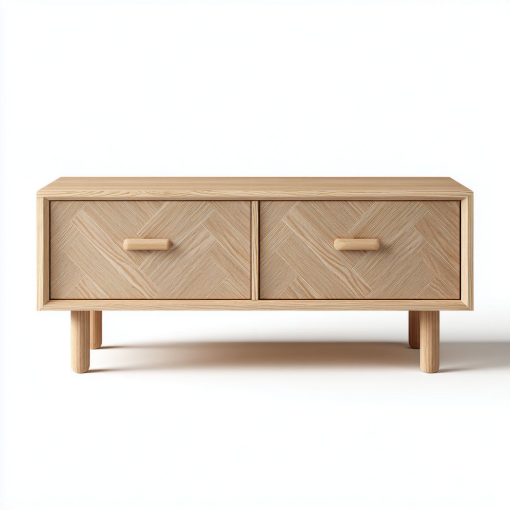 Un meuble TV en bois avec deux tiroirs, un corps rectangulaire et des pieds cylindriques, orné d'un motif à chevrons sur la façade.
