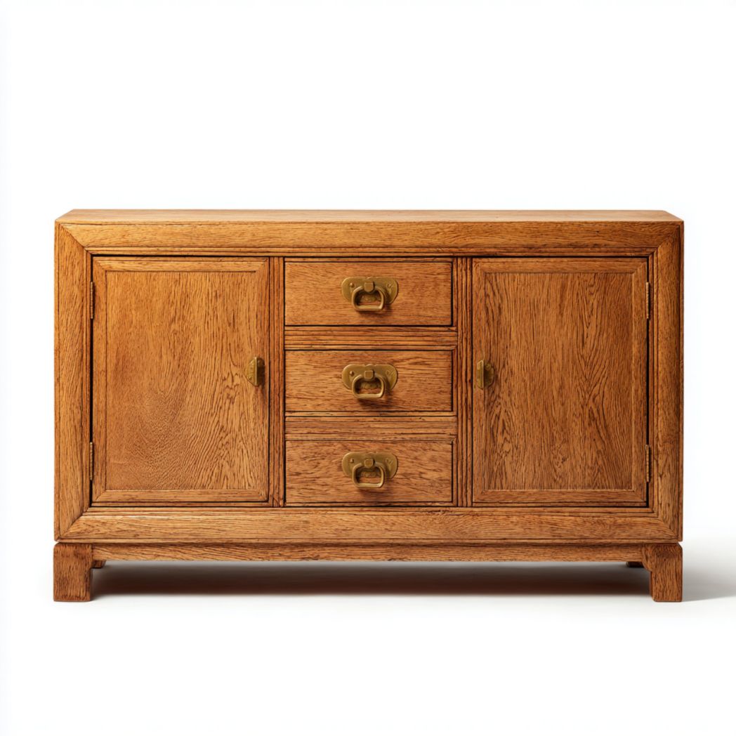 Buffet 2 portes et 3 tiroirs | caisson en bois | poignées métalliques couleur cuivre | structure rectangulaire