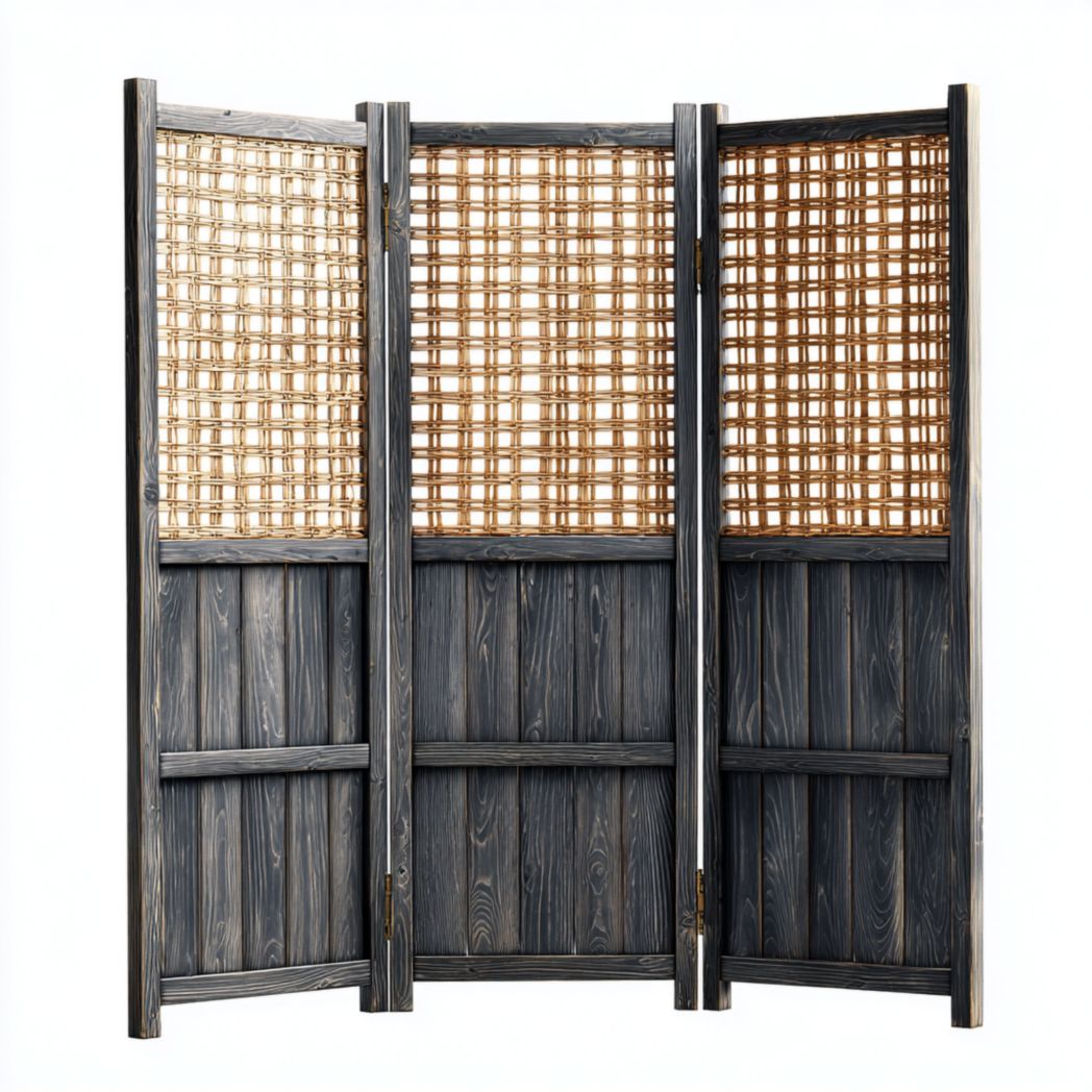 Paravent en bois et bambou à trois volets – structure pliante rectangulaire