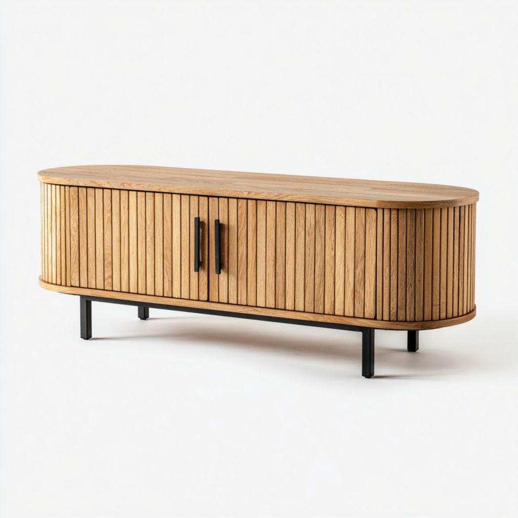 Meuble TV ovale en bois à portes rainurées verticales avec base métallique noire