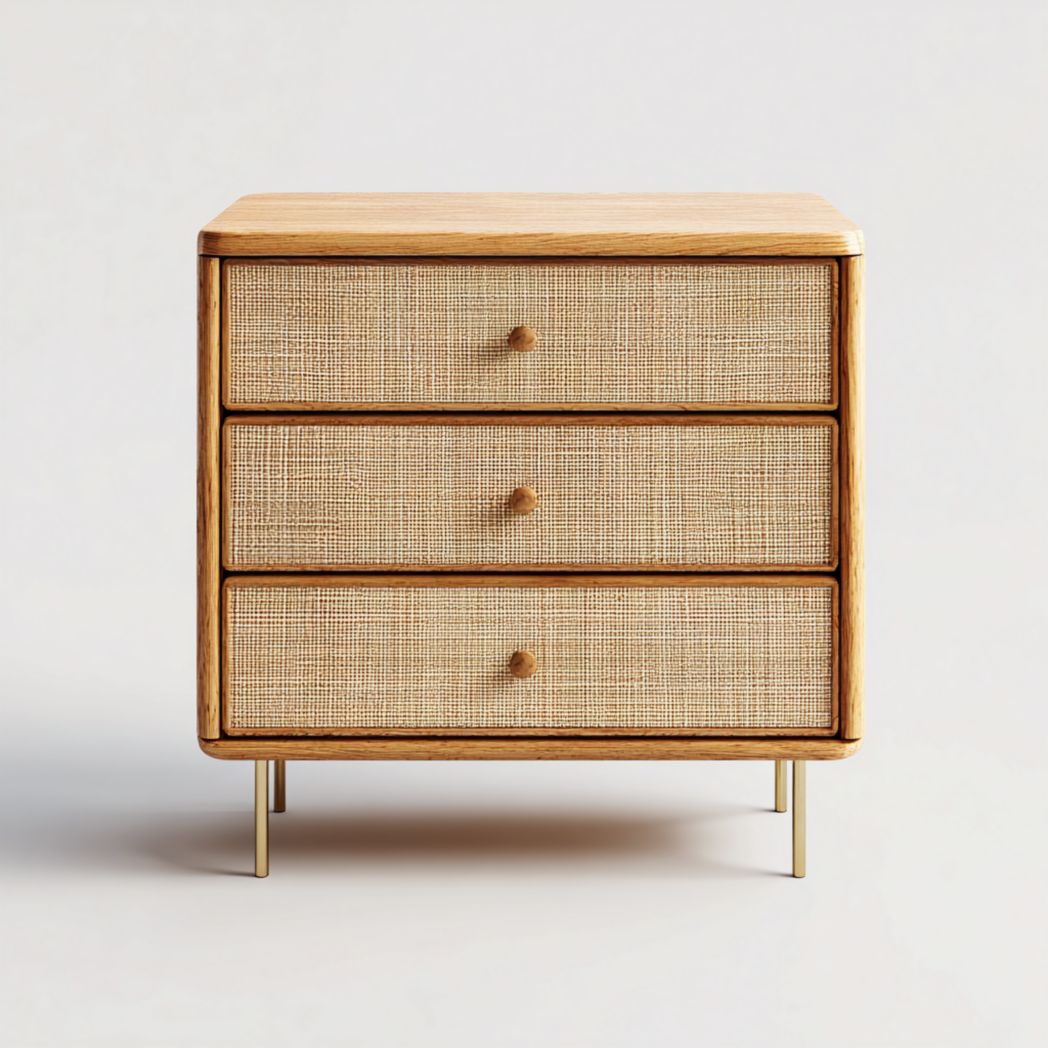 Commode 3 tiroirs bois et rotin | façades tressées | pieds en métal | finition bois naturel et beige