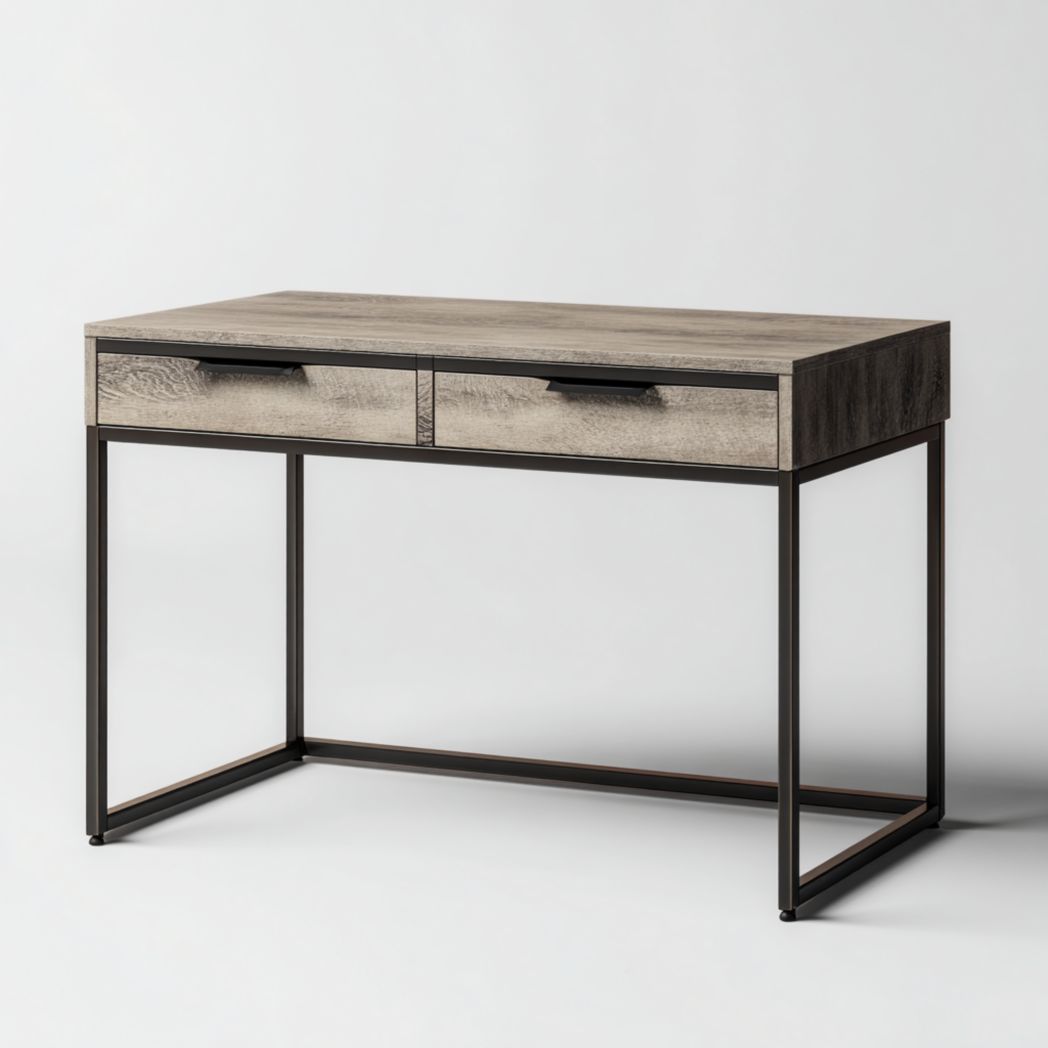 Bureau rectangulaire aspect bois | 2 tiroirs · structure en métal noir