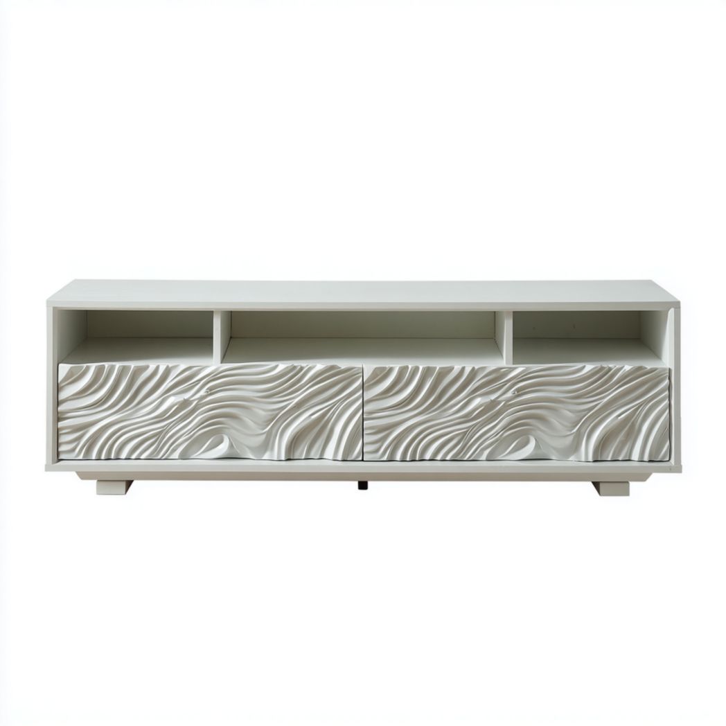 Meuble TV en bois blanc, forme rectangulaire, deux tiroirs à motifs ondulés et niches ouvertes