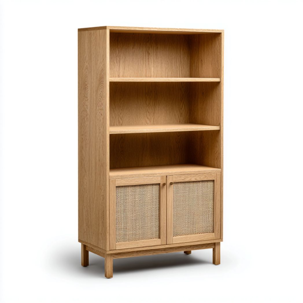 Une bibliothèque en bois avec trois étagères ouvertes et un meuble bas avec des portes en rotin.