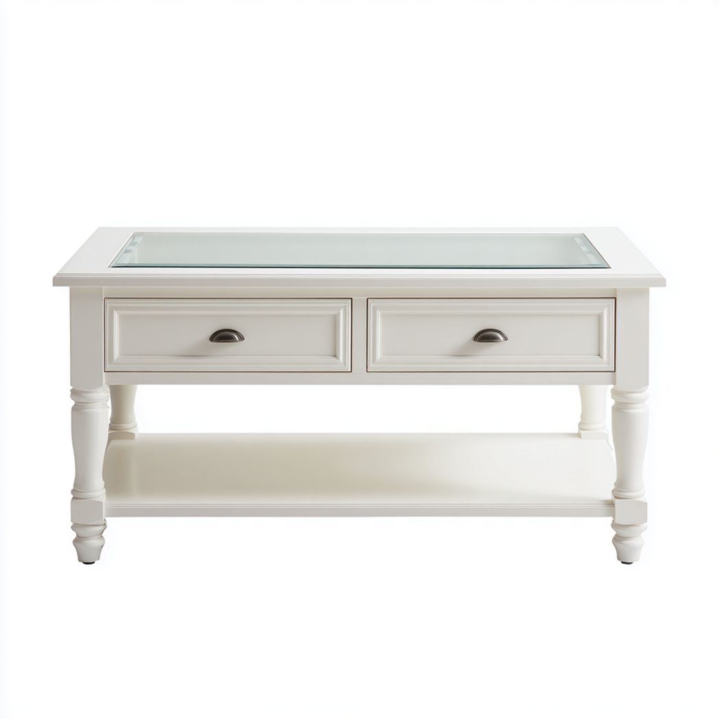 Table basse rectangulaire en bois blanc avec plateau en verre et deux tiroirs