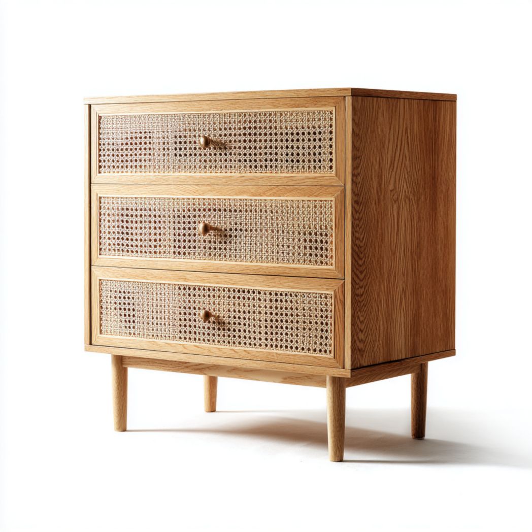 Commode 3 tiroirs | cadre en bois et façades en rotin | boutons ronds en bois | pieds droits en bois