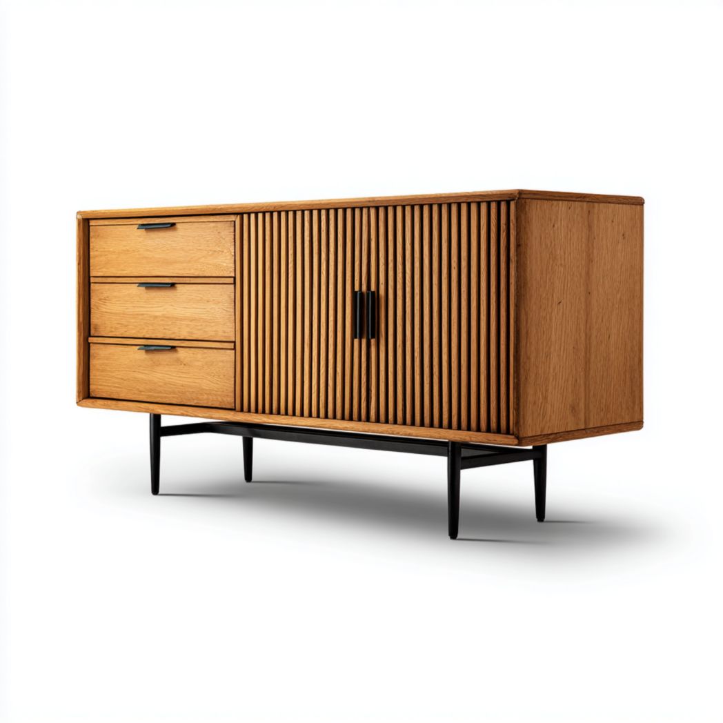 Buffet 2 portes et 3 tiroirs — structure en bois clair avec portes à lattes verticales et piètement métallique noir