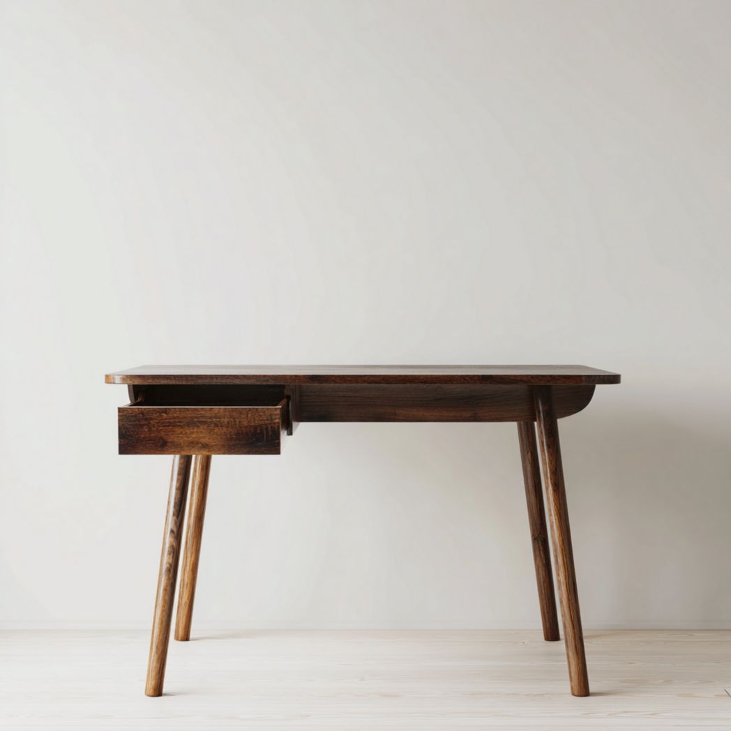 Bureau rectangulaire effet bois foncé | 1 tiroir · plateau à coins arrondis · pieds cylindriques inclinés