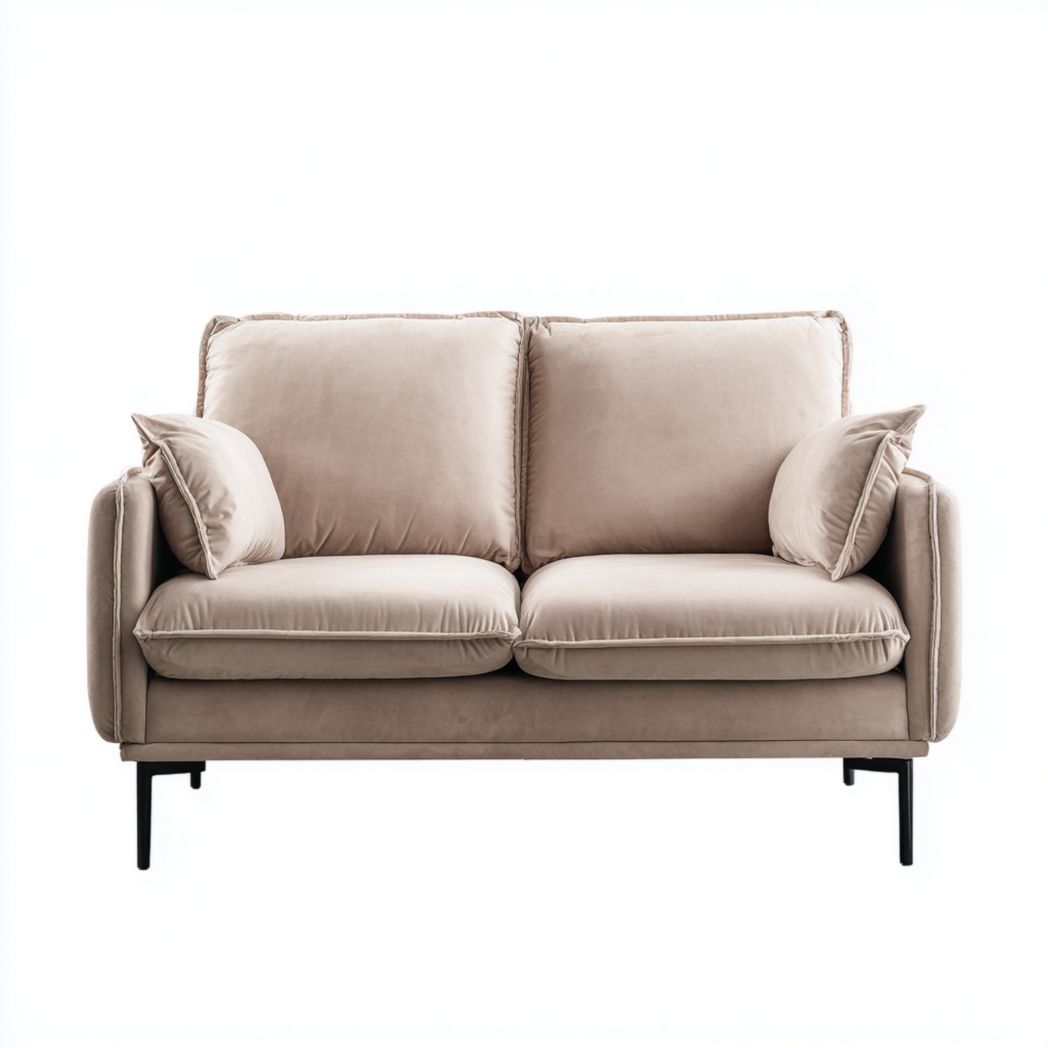 Canapé double en tissu beige avec pieds et coussins en métal