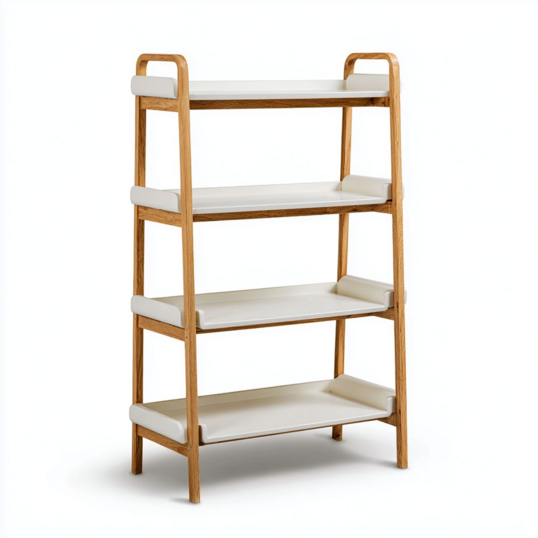 Étagère ouverte à quatre niveaux avec structure en bois et tablettes blanches