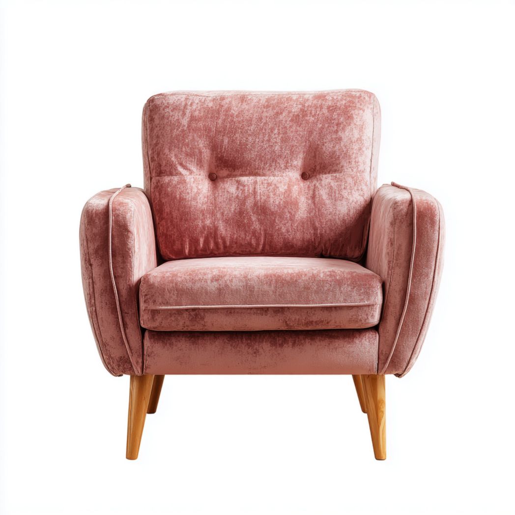 Fauteuil en velours rose avec dossier capitonné, assise carrée et pieds en bois