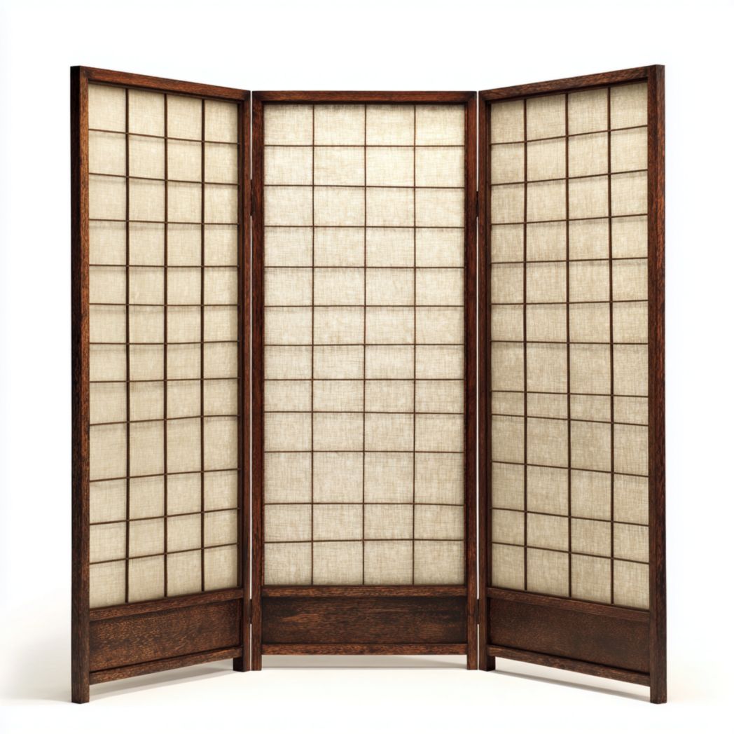 Paravent pliant à trois panneaux cadre en bois foncé et panneaux en textile beige motif quadrillage