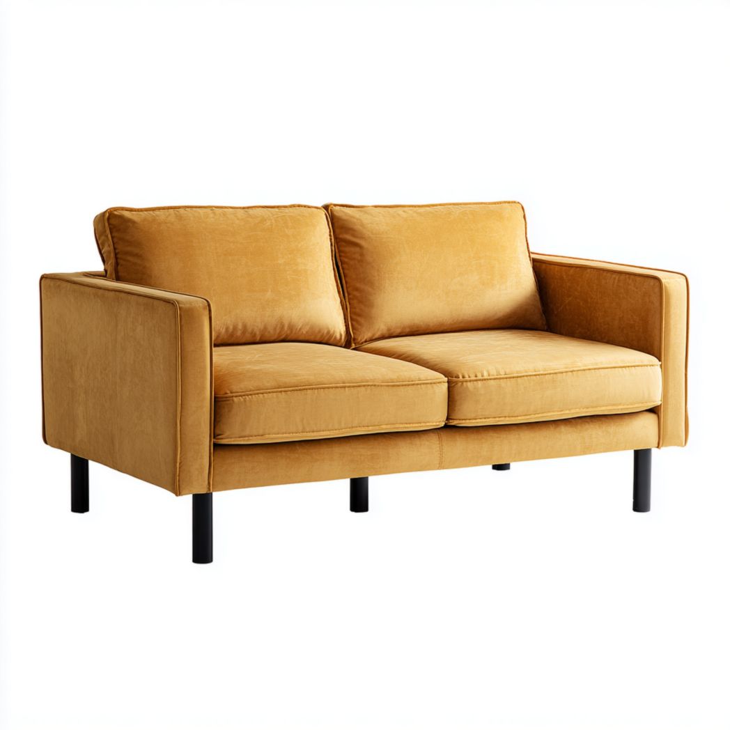 Canapé droit deux places en tissu jaune, pieds métalliques noirs, sans coussin