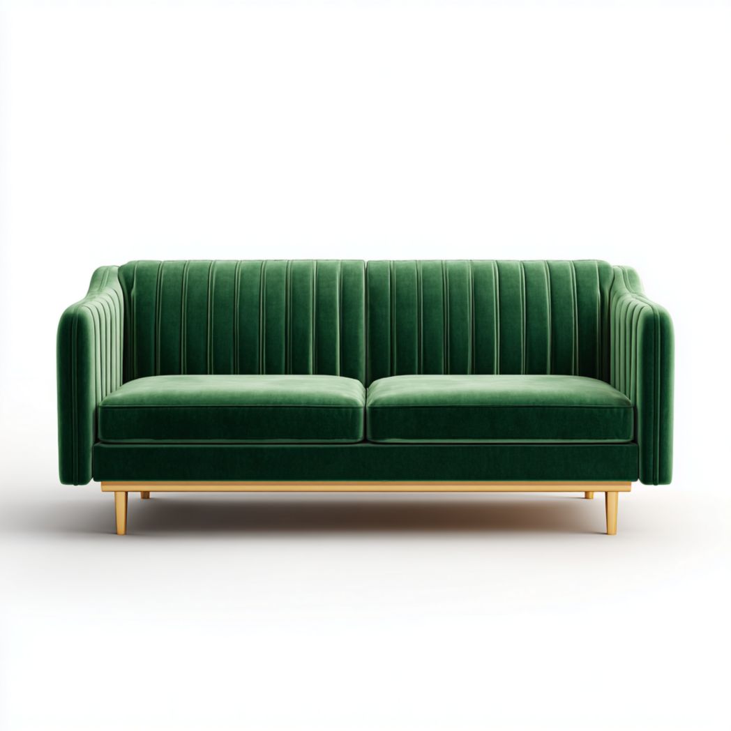 Canapé droit trois places en tissu vert avec pieds en bois.