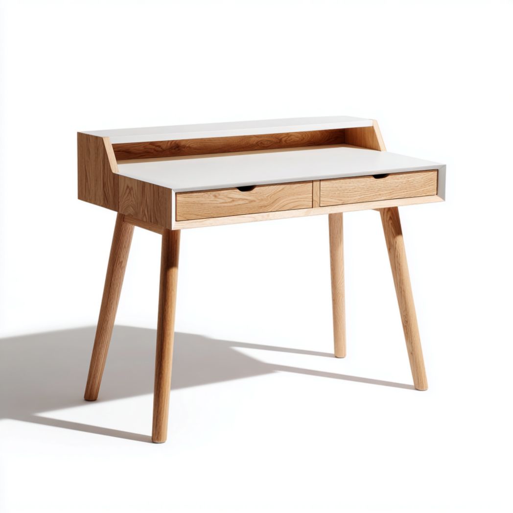 Un bureau rectangulaire en bois avec un plateau blanc et deux tiroirs.