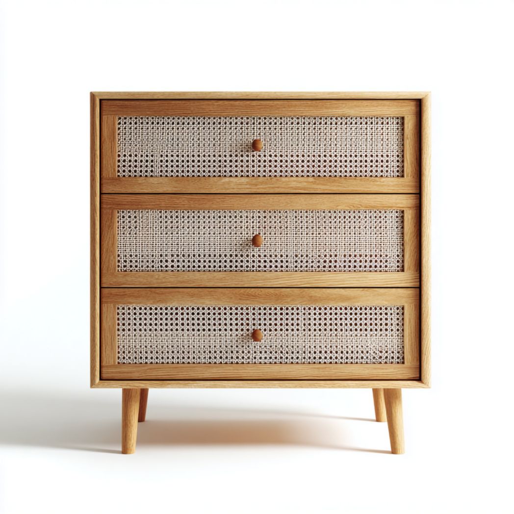 Commode 3 tiroirs bois et rotin | boutons ronds en bois | pieds en bois inclinés
