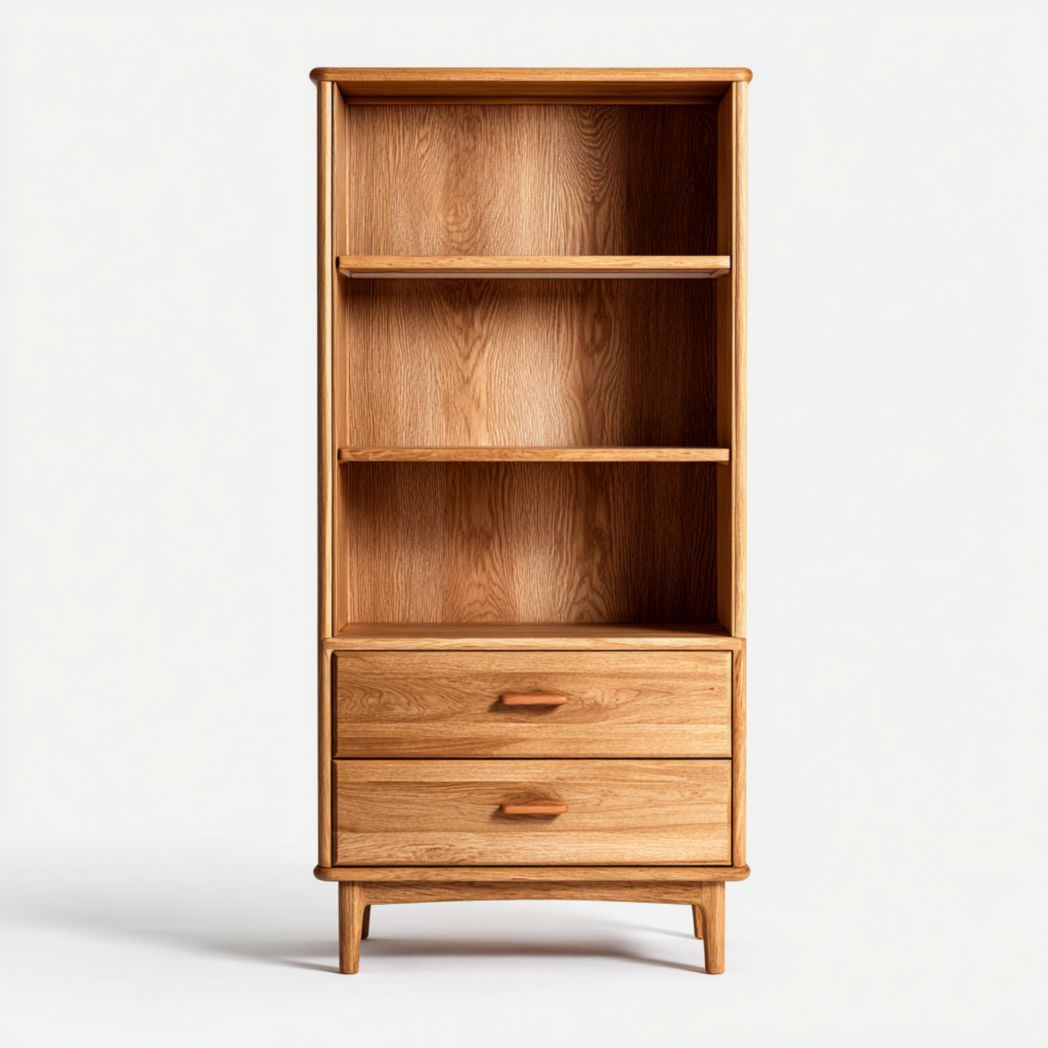 Bibliothèque en bois naturel avec trois étagères ouvertes et deux tiroirs