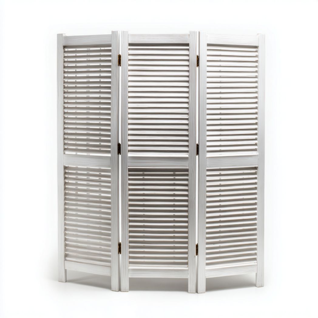 Paravent pliant trois panneaux cadre en bois blanc avec lattes ajourées