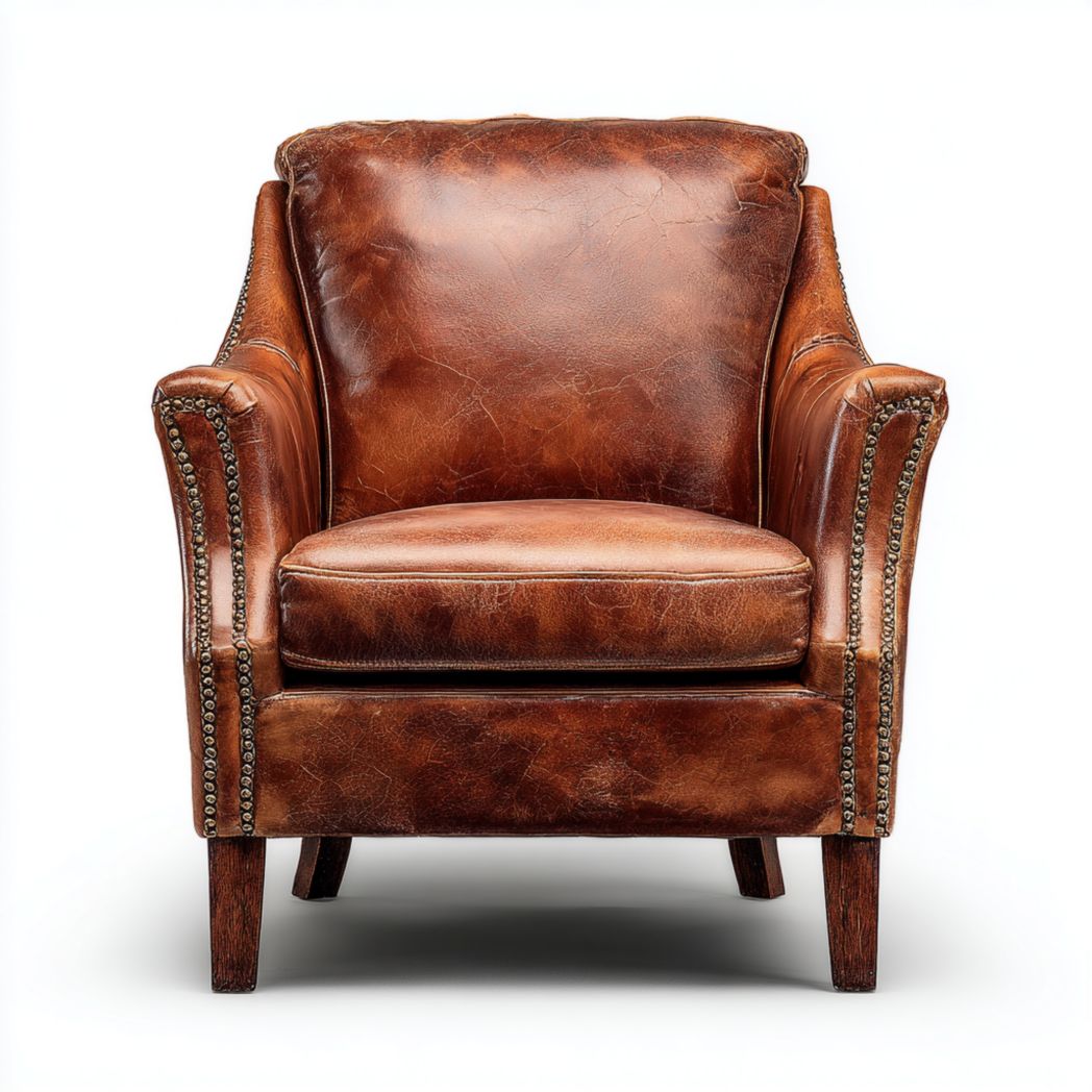Fauteuil en cuir marron avec clous décoratifs et pieds droits en bois
