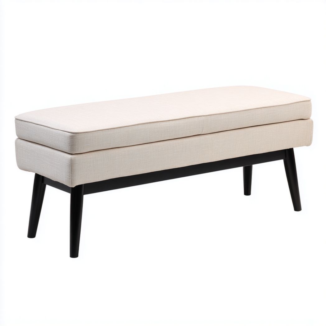 Banc en tissu blanc cassé avec pieds en bois noir