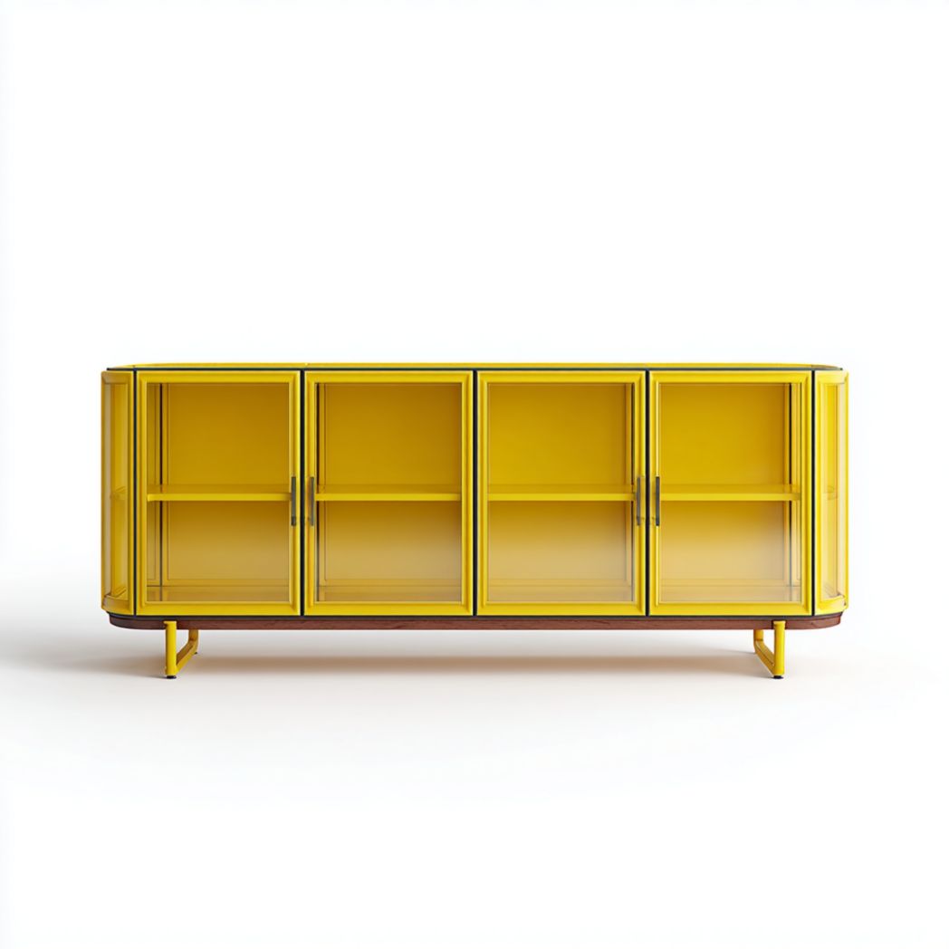 Buffet quatre portes – portes vitrées, structure métallique, piètement en bois