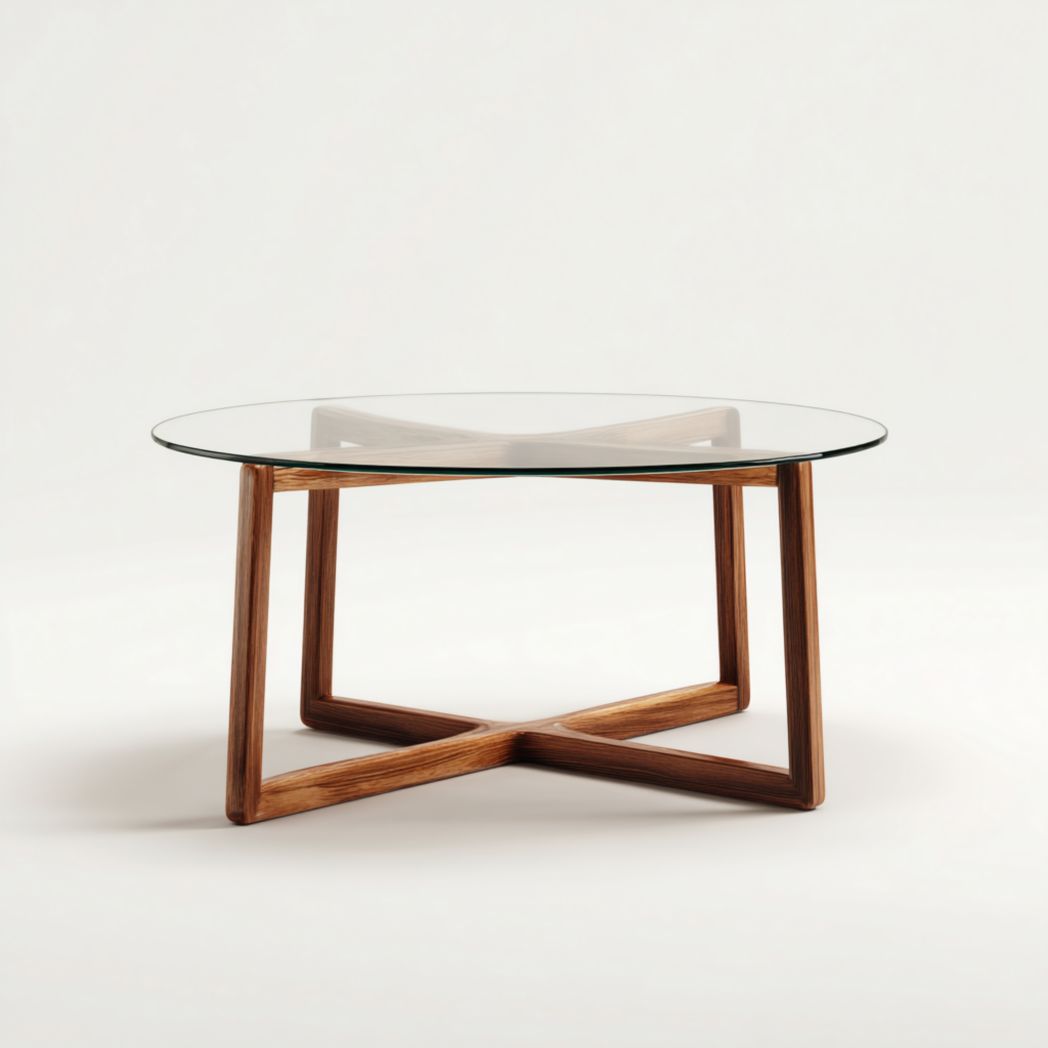 Table basse ronde avec plateau en verre et piètement croisé en bois