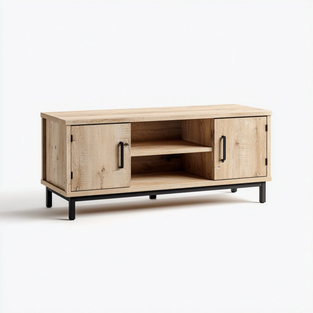 Meuble TV rectangulaire en bois avec deux portes et compartiments ouverts, pieds métalliques noirs
