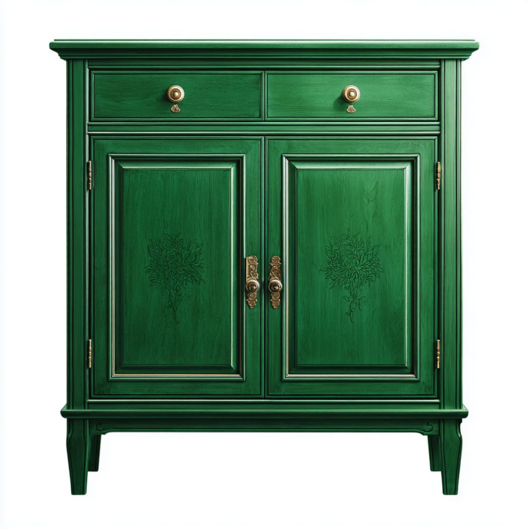Buffet 2 tiroirs et 2 portes — structure en bois vert avec façades sculptées et poignées métalliques