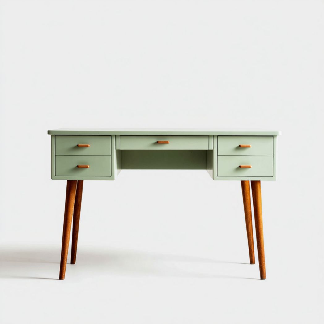 Bureau rectangulaire en bois vert clair avec cinq tiroirs et pieds coniques en bois