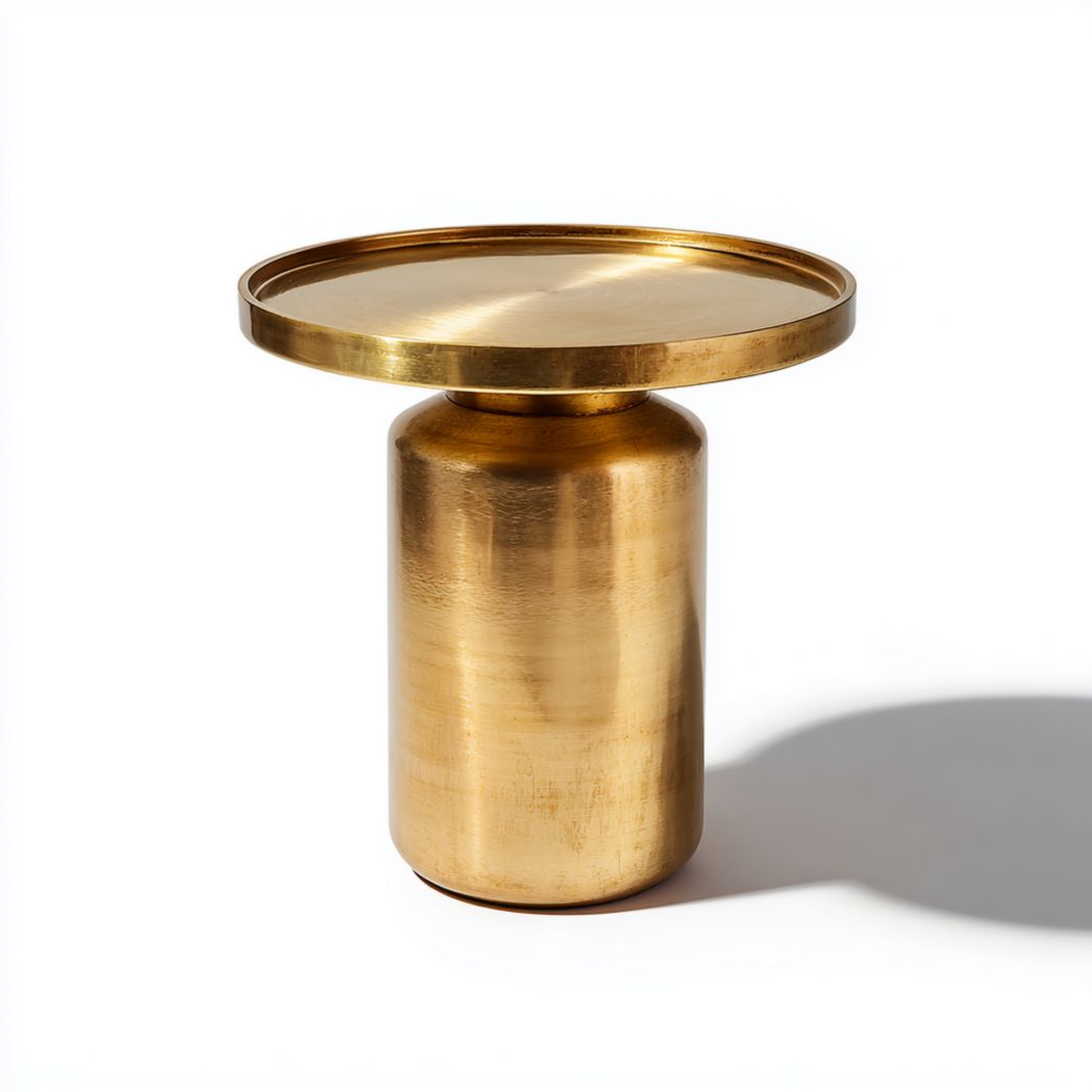 Table d’appoint ronde en métal doré avec base cylindrique