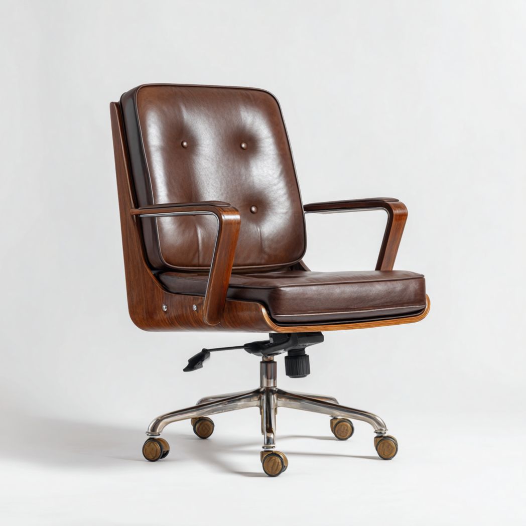 Chaise de bureau pivotante | assise et dossier en cuir brun foncé · accoudoirs et panneaux en bois · base métallique à roulettes