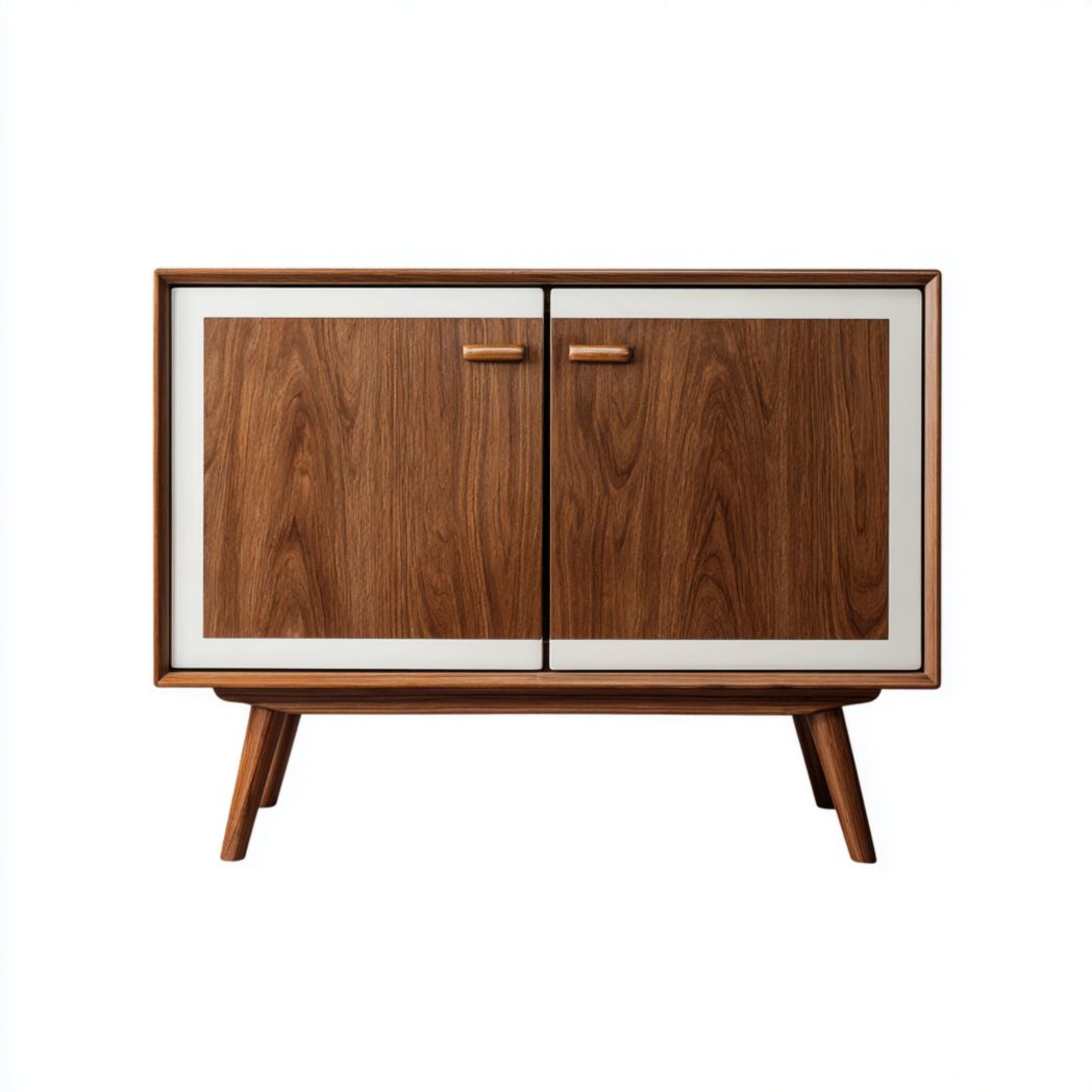 Buffet 2 portes — structure en bois noyer avec encadrement blanc et pieds en bois