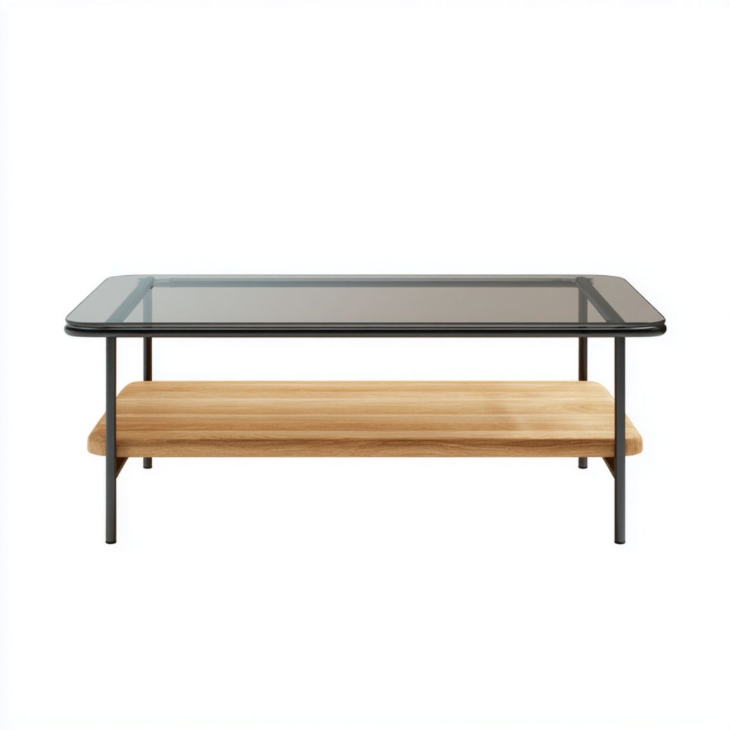 Table basse rectangulaire en métal noir, verre et plateau bois à deux niveaux