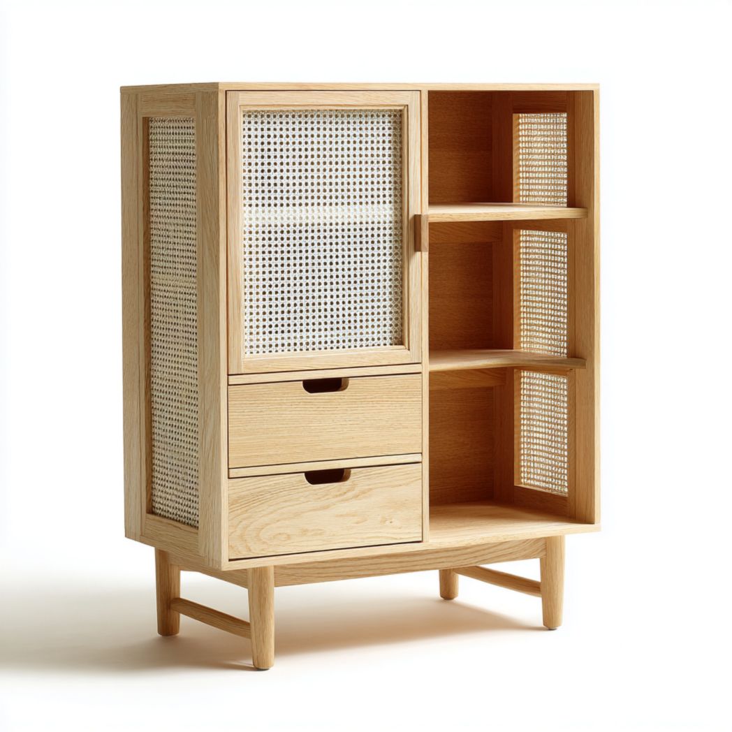 Buffet à une porte et deux tiroirs – structure en bois clair, panneau en rotin, étagères ouvertes