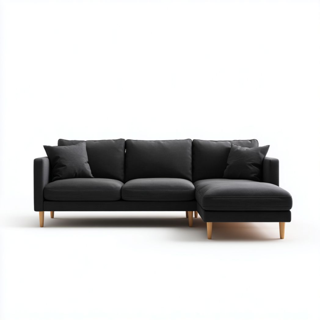 Canapé d’angle en tissu noir en forme L avec pieds en bois et coussins