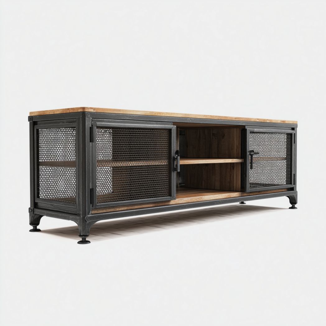 Meuble TV rectangulaire en métal noir et bois naturel, portes grillagées