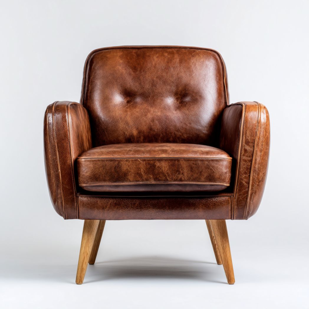 Fauteuil en cuir marron avec coussins de dossier et assise, pieds inclinés en bois