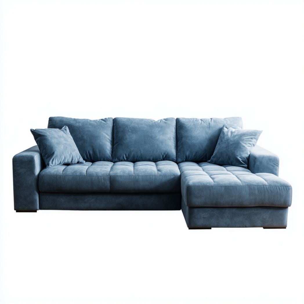 Canapé d'angle en tissu bleu, forme en L, avec deux coussins assortis